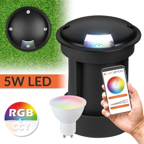 5W WiFi LED Bodeneinbaustrahler Set mit 1 Lichtauslass - Smart per App steuerbar - RGB + CCT - schwa