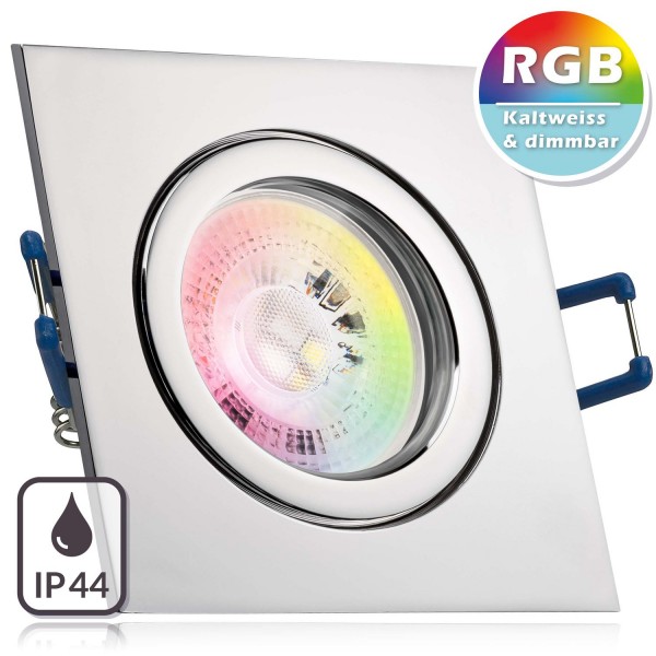 IP44 RGB LED Einbaustrahler Set GU10 in chrom mit 3W LED von LEDANDO - 11 Farben + Kaltweiß - inkl.