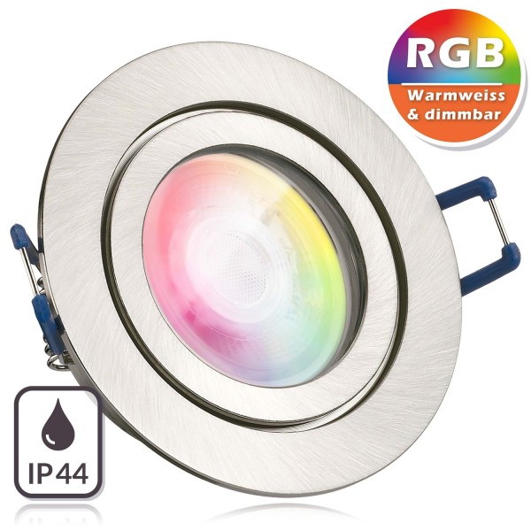 RGB IP44 LED Einbaustrahler Set extra flach in silber gebürstet mit 3W LED von LEDANDO - 11 Farben +