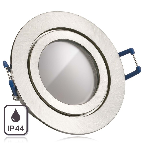 IP44 LED Einbaustrahler Set Silber gebürstet mit LED GU10 Markenstrahler  von LEDANDO - 5W - warmweiss - 120° Abstrahlwinkel - Feuchtraum /  Badezimmer - 35W Ersatz - A+ - LED Spot 5 Watt - Einbauleuchte rund
