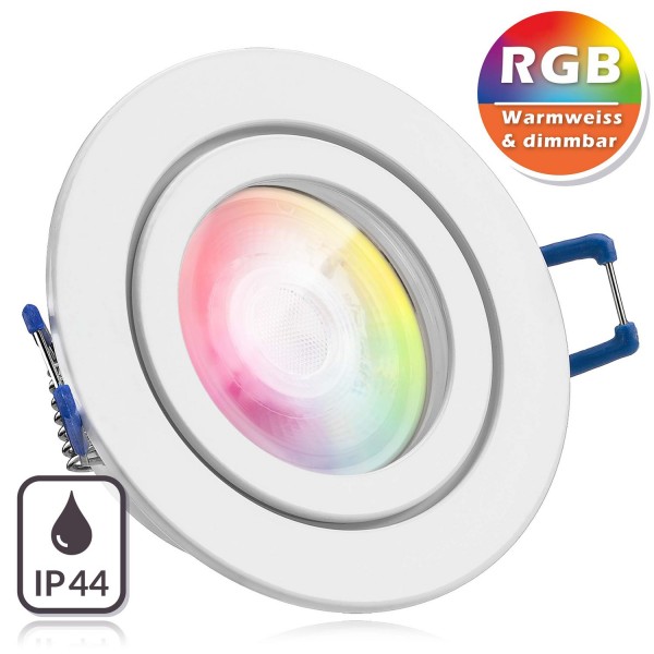 RGB IP44 LED Einbaustrahler Set extra flach in weiß mit 3W LED von LEDANDO - 11 Farben + Warmweiß -