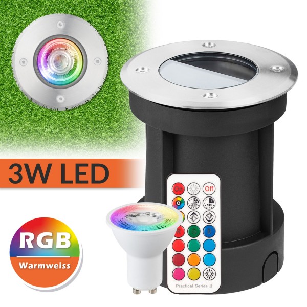 RGB LED Bodeneinbaustrahler Set mit Fernbedienung 12 Farben GU10 Leuchtmittel 5W rund - bunt - IP65