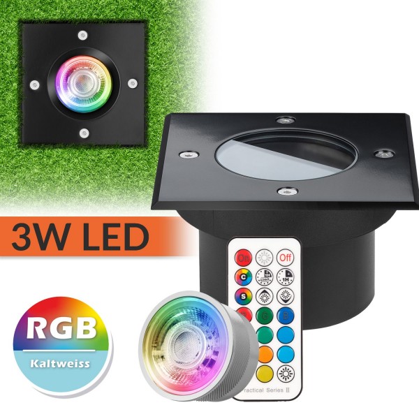 Flacher LED RGB Bodeneinbaustrahler mit tauschbarem RGB Leuchtmittel von LEDANDO - 11 Farben + Kaltw
