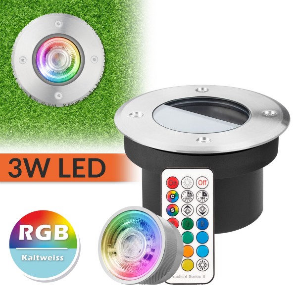Flacher LED RGB Bodeneinbaustrahler mit tauschbarem RGB Leuchtmittel von LEDANDO - 11 Farben + Kaltw