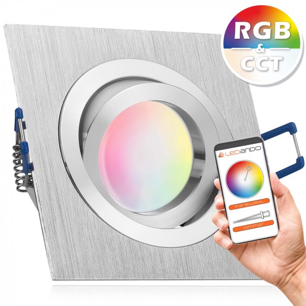 RGB CCT LED Einbaustrahler Set GU10 in aluminium gebürstet mit 5W Leuchtmittel von LEDANDO - RGB + W