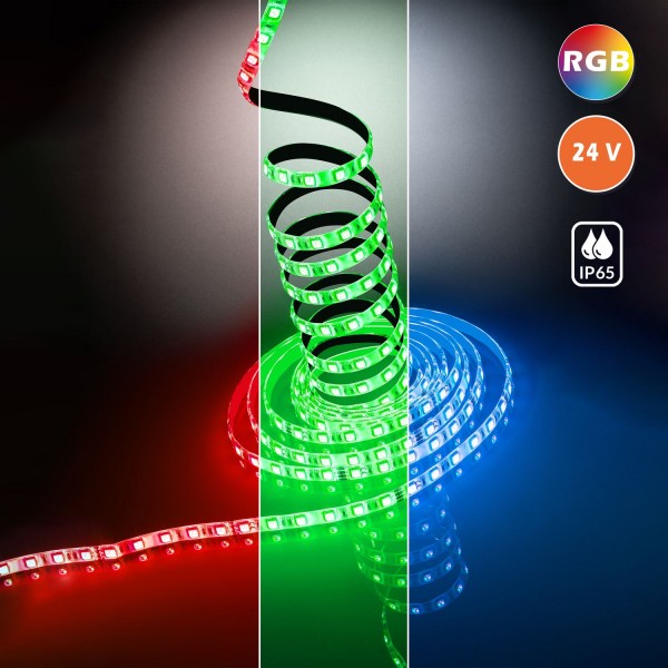 IP65 RGB LED Streifen - 24V - 5 Meter - 360lm pro Meter - Farbiges Licht - Farbwechsel