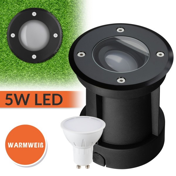 LED Bodeneinbaustrahler Set IP67 - Schwenkbar mit 5W LED GU10 warmweiß rund Edelstahl schwarz