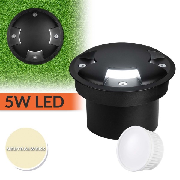 Flacher 5W LED Bodeneinbaustrahler mit 3 Lichtauslässen - schwarz - neutralweiß - rund - Orientierun